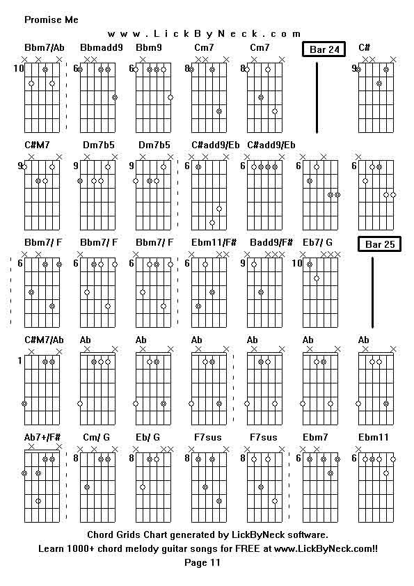 Chord Grids Chart of chord melody fingerstyle guitar song-Promise Me,generated by LickByNeck software.